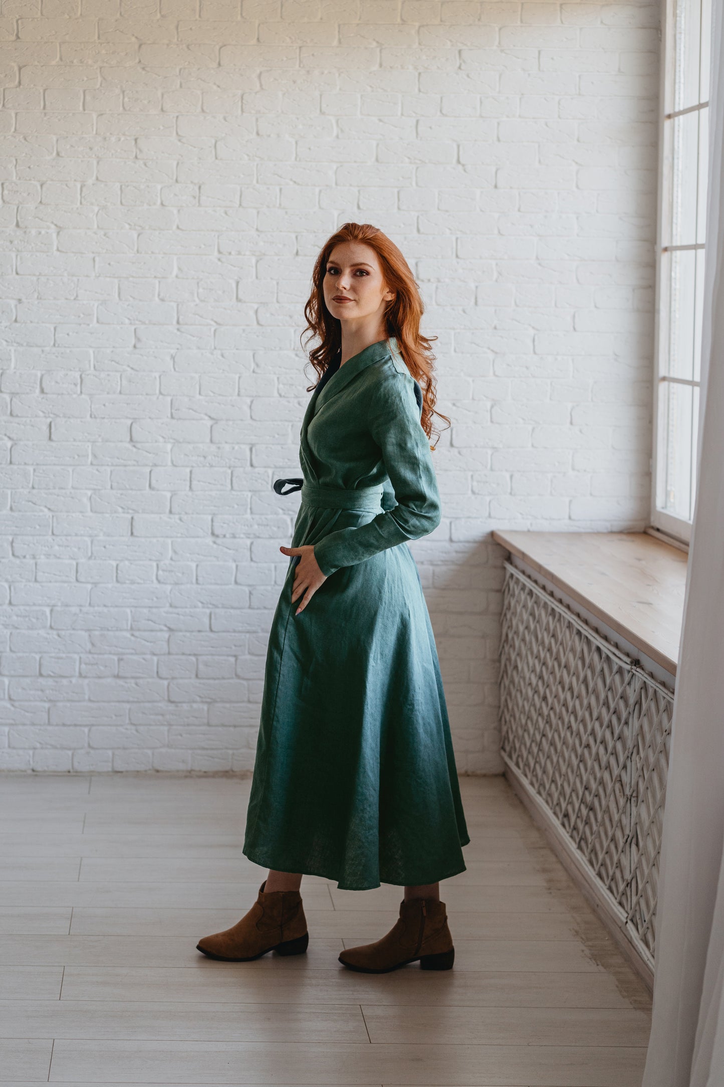 midi wrap dress green Heavy Linen Midi Dress, Fall Linen Dress for Women, Linen Wrap Dress, Flowy Dress, Cottagecore Dress, Linen Clothing, Long Sleeve Wrap Dress, 3XL /