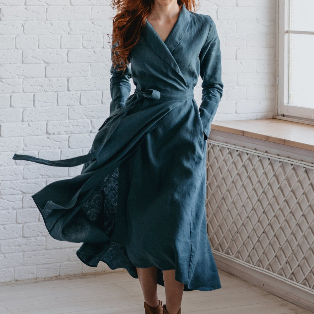 Heavyweight Linen Wrap Dress-visibleartshop