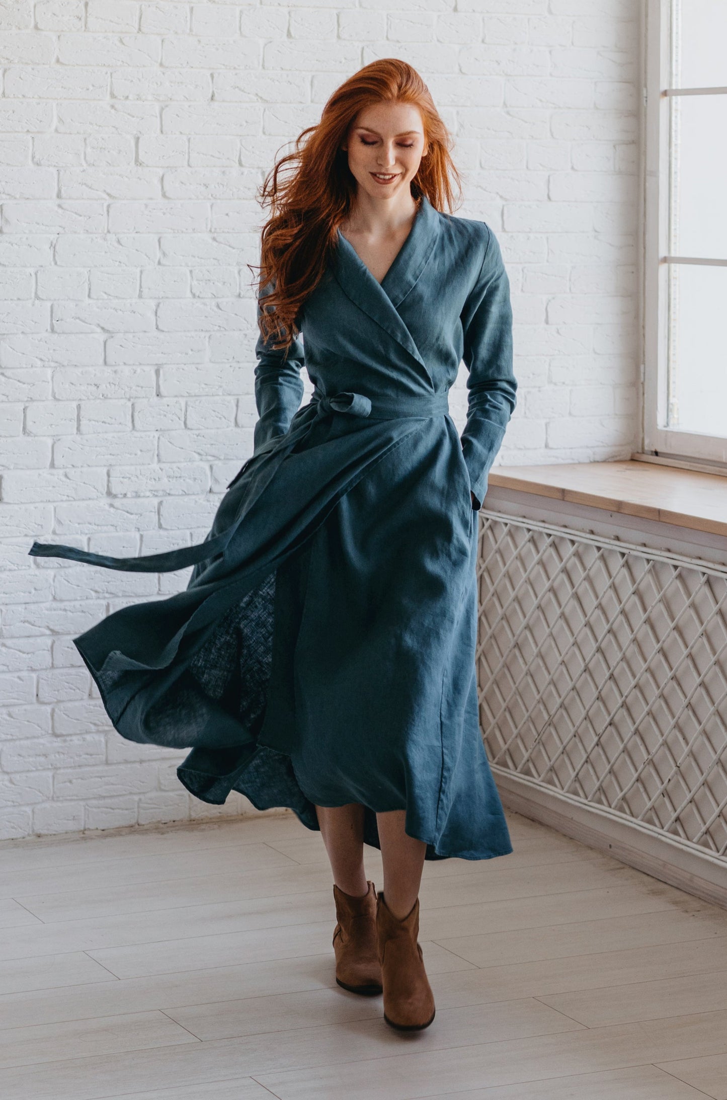 Heavyweight Linen Wrap Dress-visibleartshop