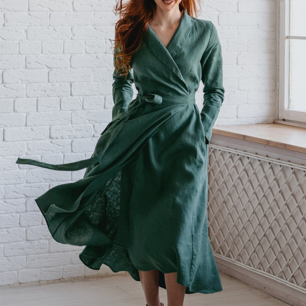 Heavyweight Linen Wrap Dress in Midi Length - visibleartshop