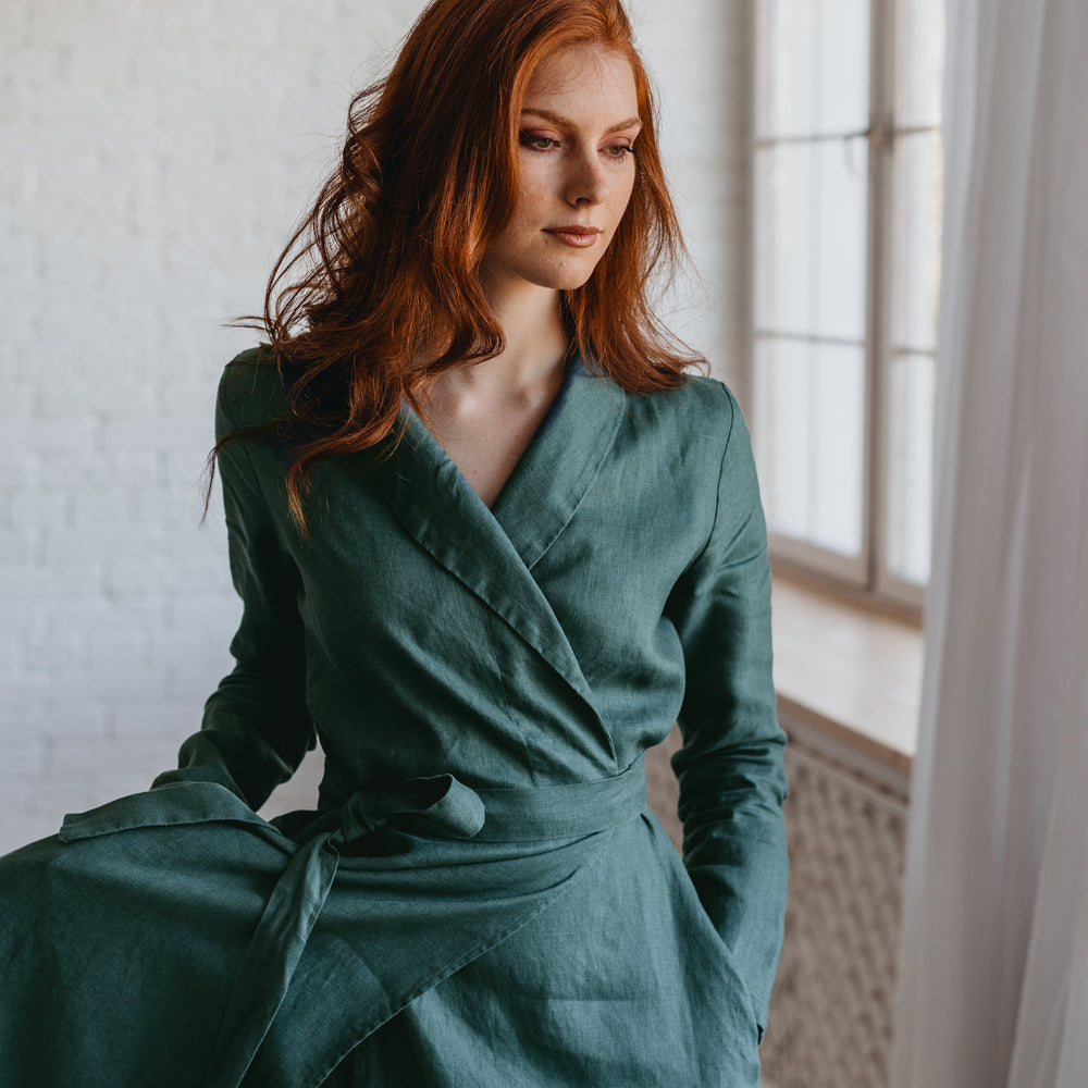 
                      
                        Heavyweight Linen Wrap Dress in Midi Length - visibleartshop
                      
                    