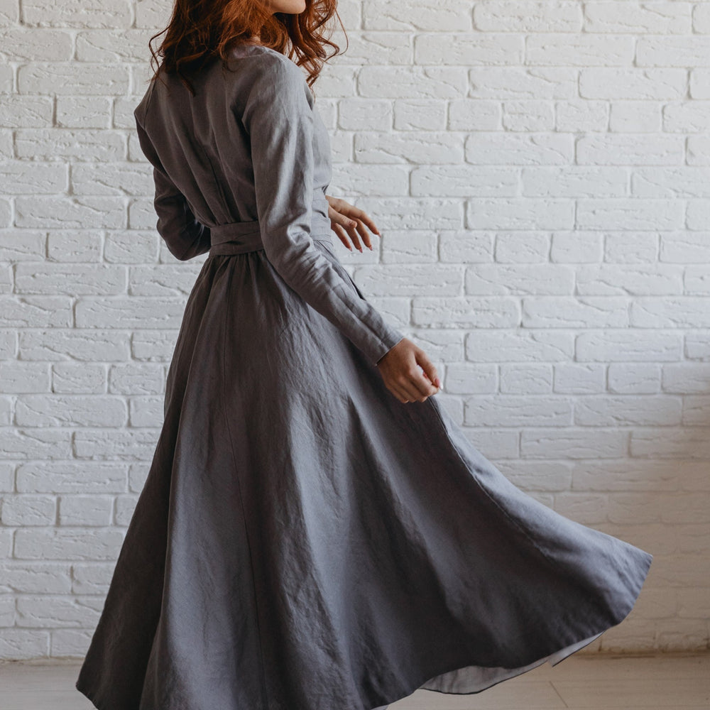 Heavyweight Linen Dress - Elegant Midi Length Wrap Dress for All Occasions VisibleArtShop Heavyweight Linen Dress - Elegant Midi Length Wrap Dress for All Occasions VisibleArtShop