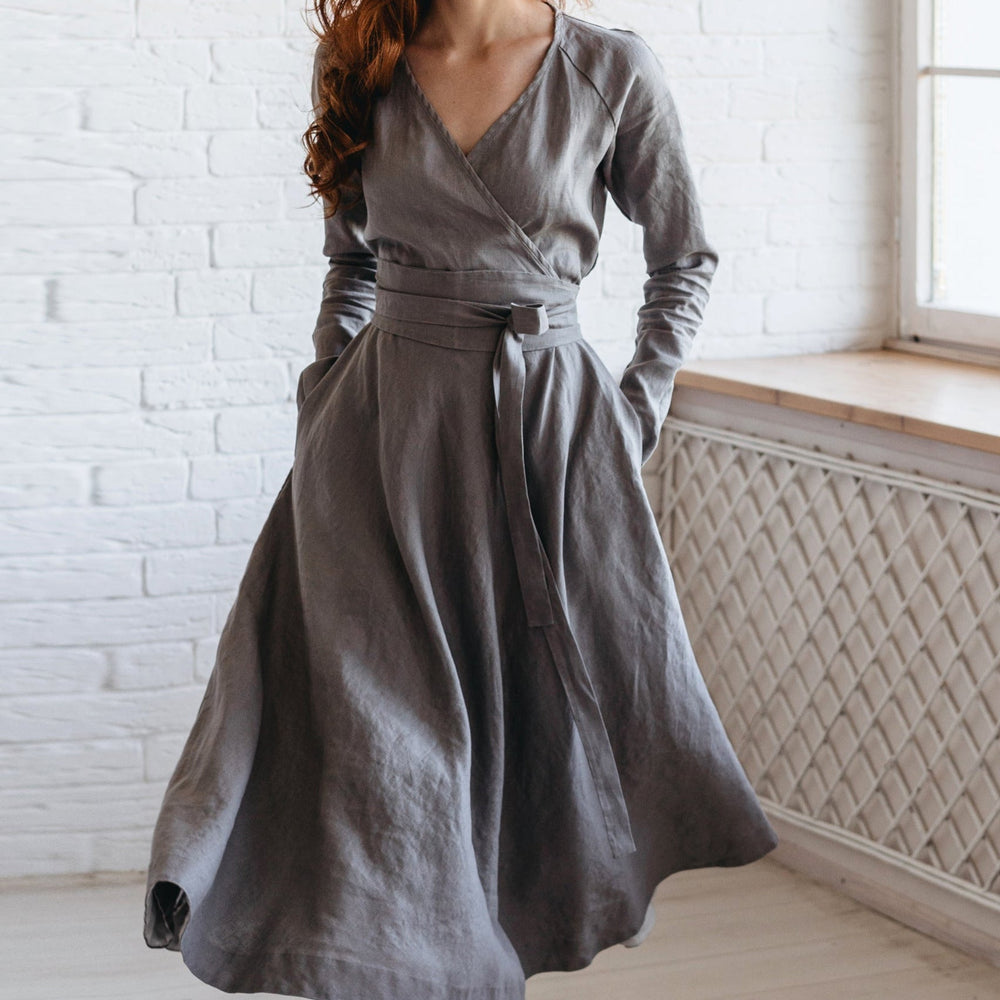 Heavyweight Linen Midi Dress - Gray Linen Dress - Linen Dress with Pockets - Boho Linen Dress with Belt - Heavyweight Linen Clothing For Women, 2XL / Heavyweight Linen Midi Dress - Gray Linen Dress - Linen Dress with Pockets - Boho Linen Dress with Belt - Heavyweight Linen Clothing For Women, 2XL /