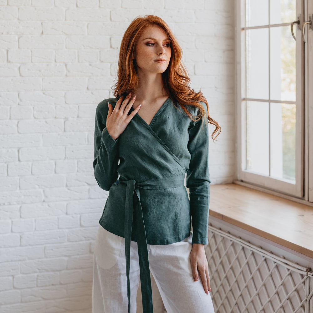 
                      
                        Elongated Minimalist Linen Wrap Top - visibleartshop
                      
                    