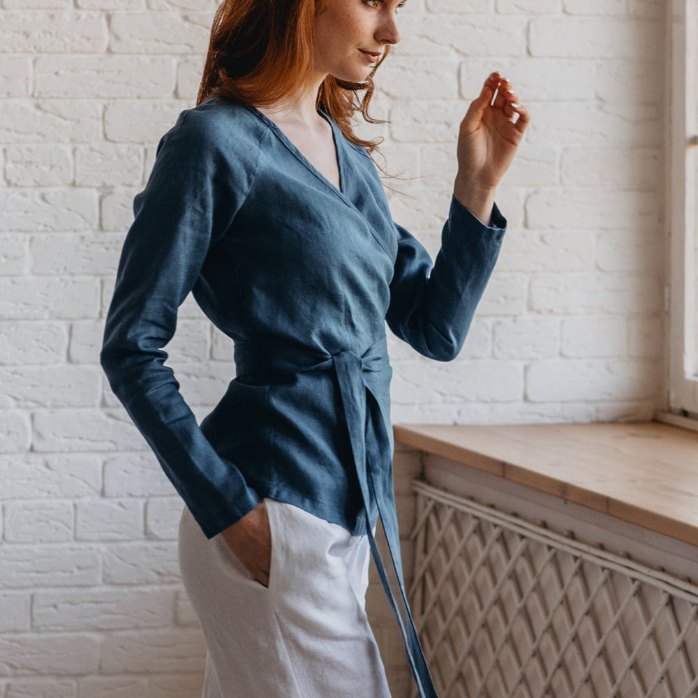 
                      
                        Elongated Minimalist Linen Wrap Top-VisibleArtTeam
                      
                    