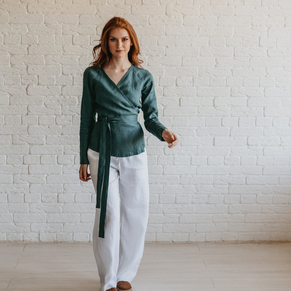 
                      
                        Elongated Minimalist Linen Wrap Top - visibleartshop
                      
                    