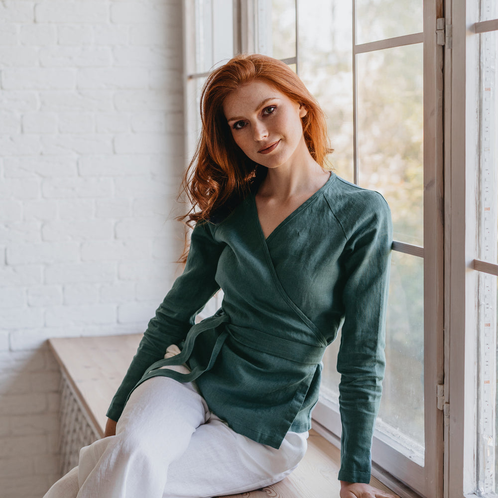 
                      
                        Elongated Minimalist Linen Wrap Top - visibleartshop
                      
                    
