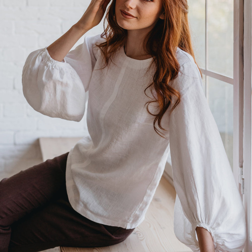 Puff Sleeve Linen Top-visibleartshop