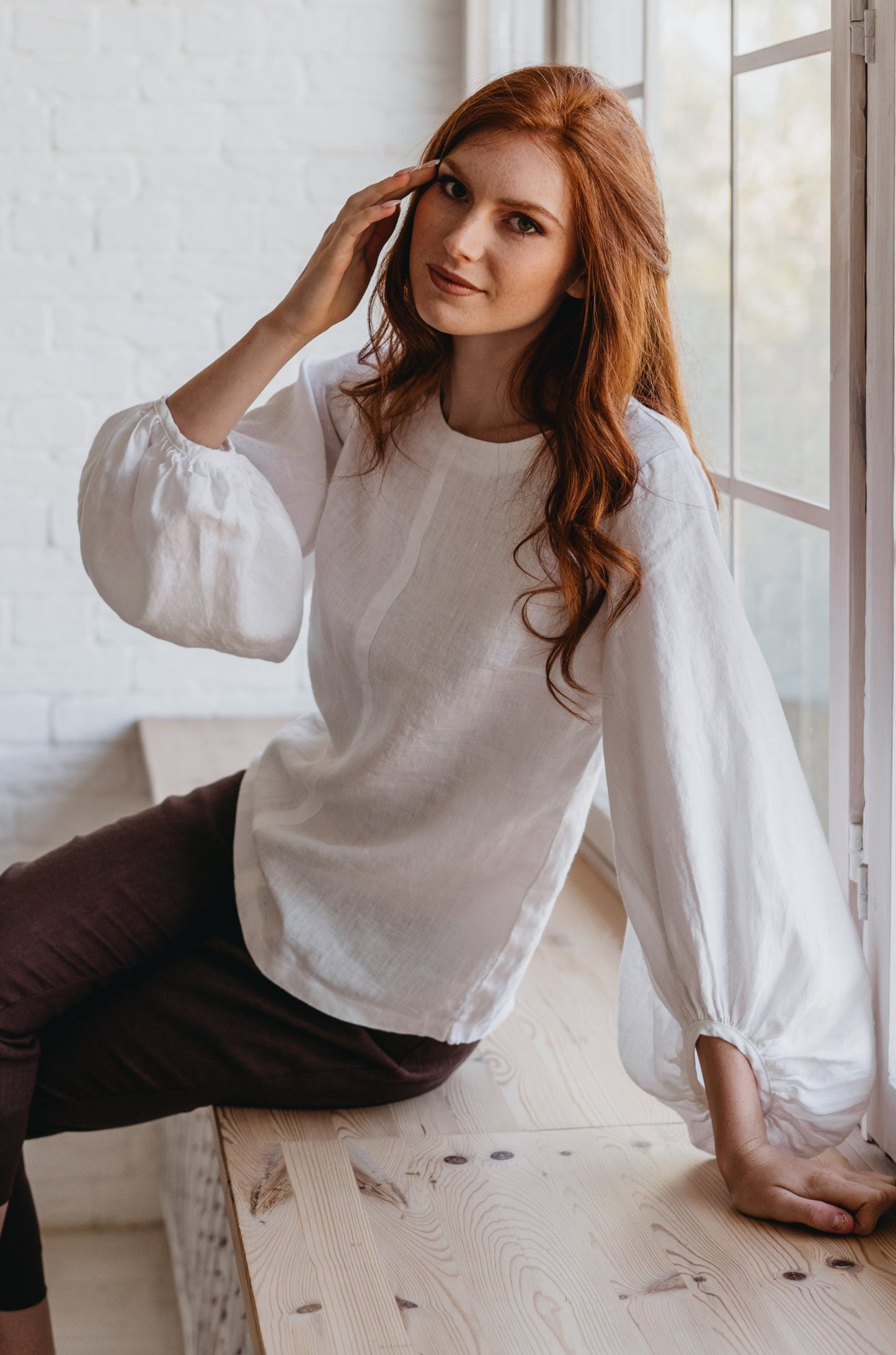 Puff Sleeve Linen Top-visibleartshop