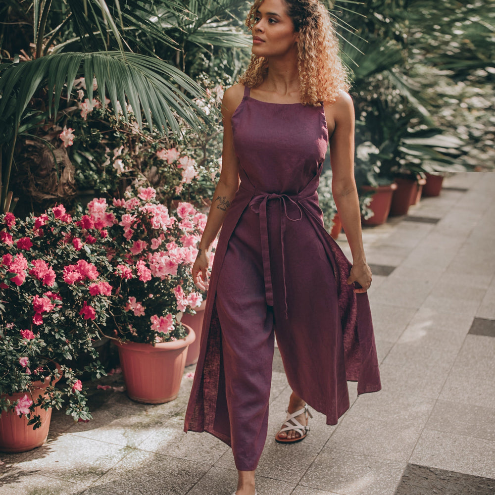 
                      
                        Double Wrap Linen Jumpsuit in a garden setting, showcasing elegance and comfort.
                      
                    