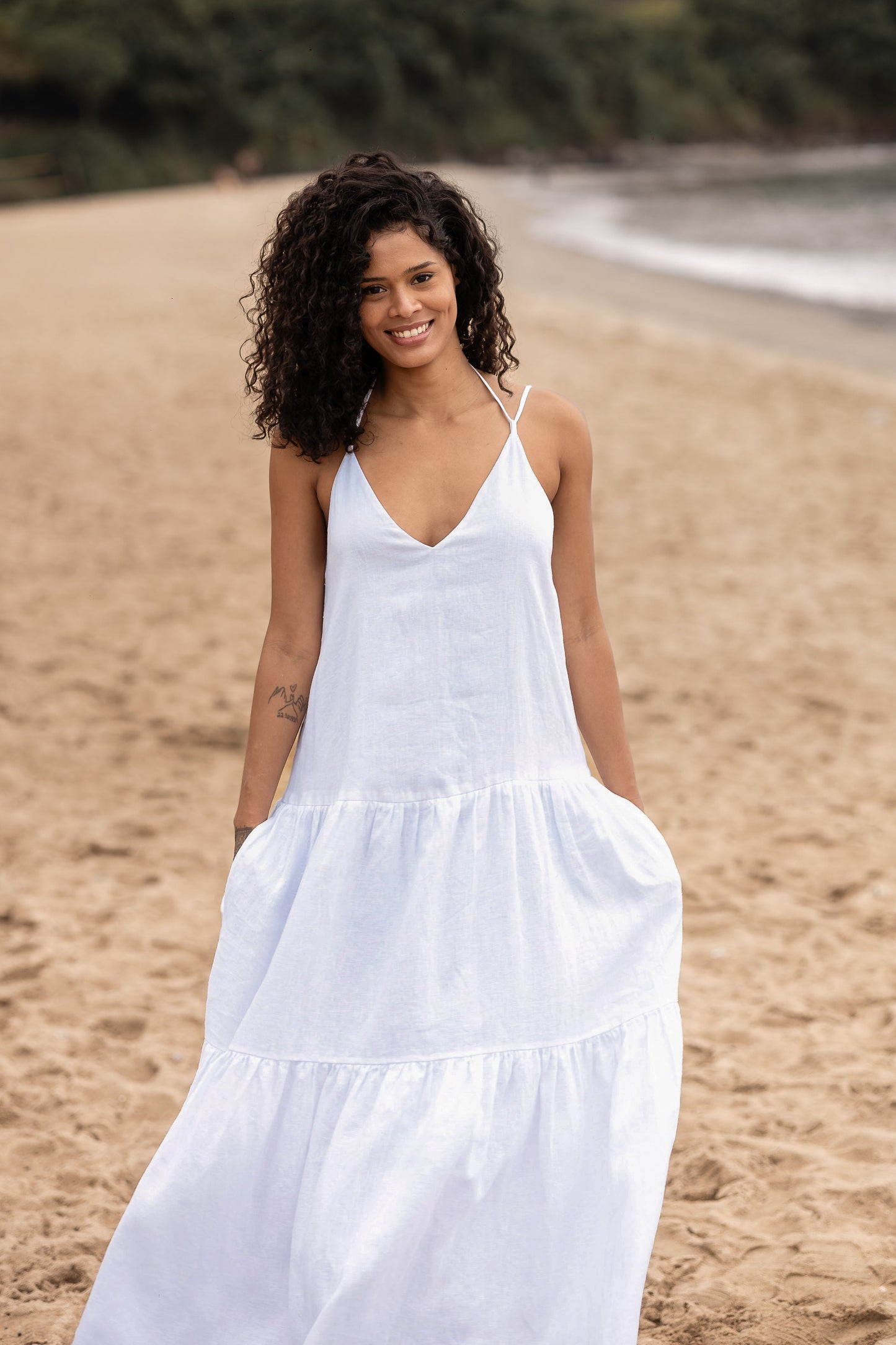 Tiered Linen Dress, Open Back Summer Dress, Adjustable Straps, V Neck, Pockets, M / Light Blue Tiered Linen Dress, Open Back Summer Dress, Adjustable Straps, V Neck, Pockets, M / Light Blue
