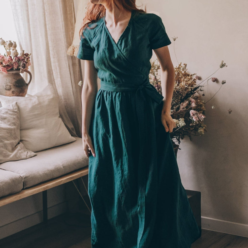 green silk wrap dress Forest Green Silk Satin Wrap Dress with Ruffle Hem, Long Sleeve Midi for Women