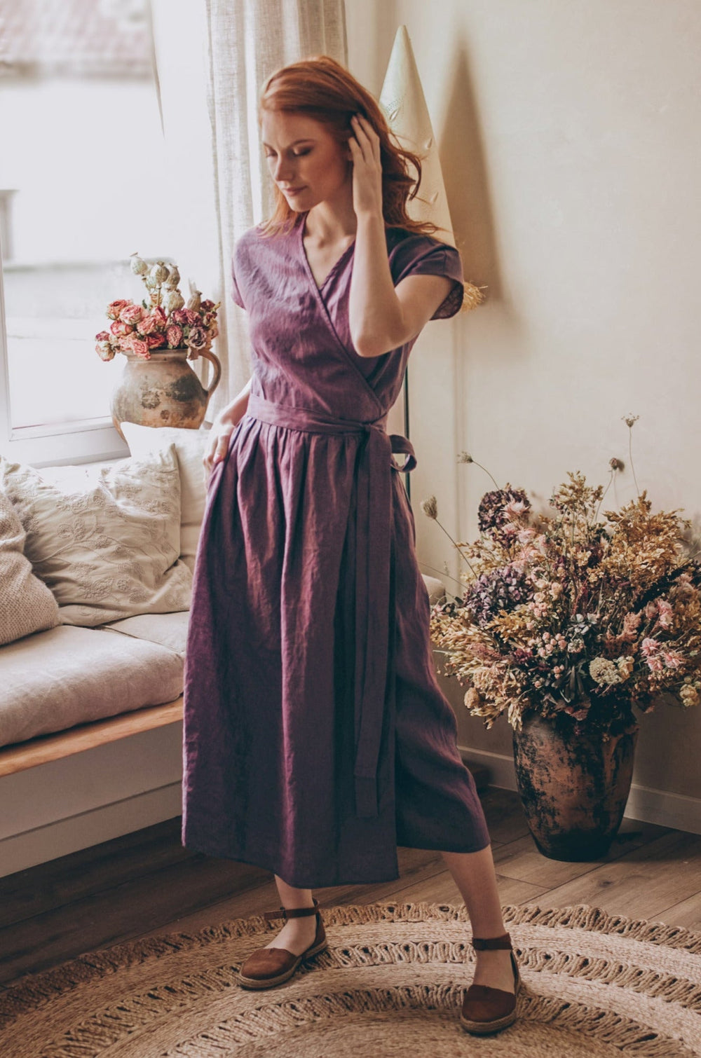 Linen Midi Wrap Dress with Pockets - Bohemian Dress - Plus Size Clothing - Wedding Guest Fit and Flare Dress - Amethyst Summer Linen Dress, 2XL / Blue Linen Midi Wrap Dress with Pockets - Bohemian Dress - Plus Size Clothing - Wedding Guest Fit and Flare Dress - Amethyst Summer Linen Dress, 2XL / Blue
