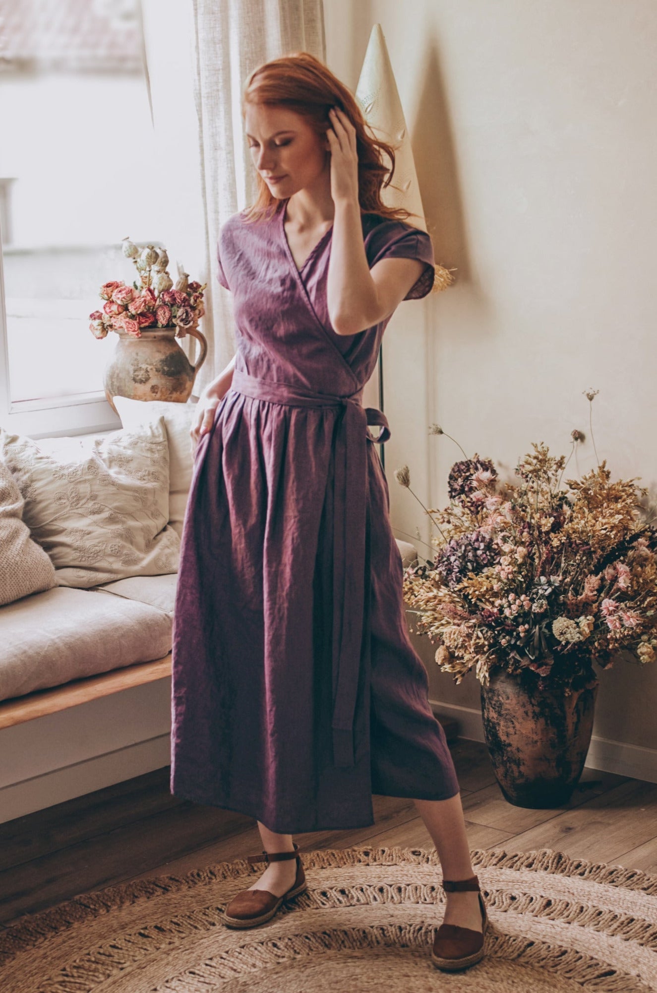 Linen Midi Wrap Dress with Pockets - Bohemian Dress - Plus Size Clothing - Wedding Guest Fit and Flare Dress