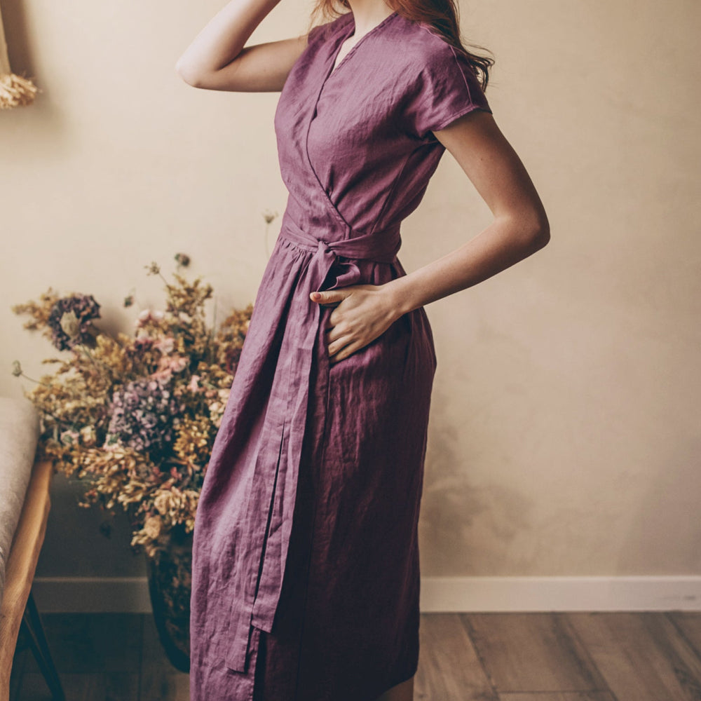 Linen Midi Wrap Dress with Pockets - Bohemian Dress - Plus Size Clothing - Wedding Guest Fit and Flare Dress - Amethyst Summer Linen Dress, 2XL / Blue Linen Midi Wrap Dress with Pockets - Bohemian Dress - Plus Size Clothing - Wedding Guest Fit and Flare Dress - Amethyst Summer Linen Dress, 2XL / Blue