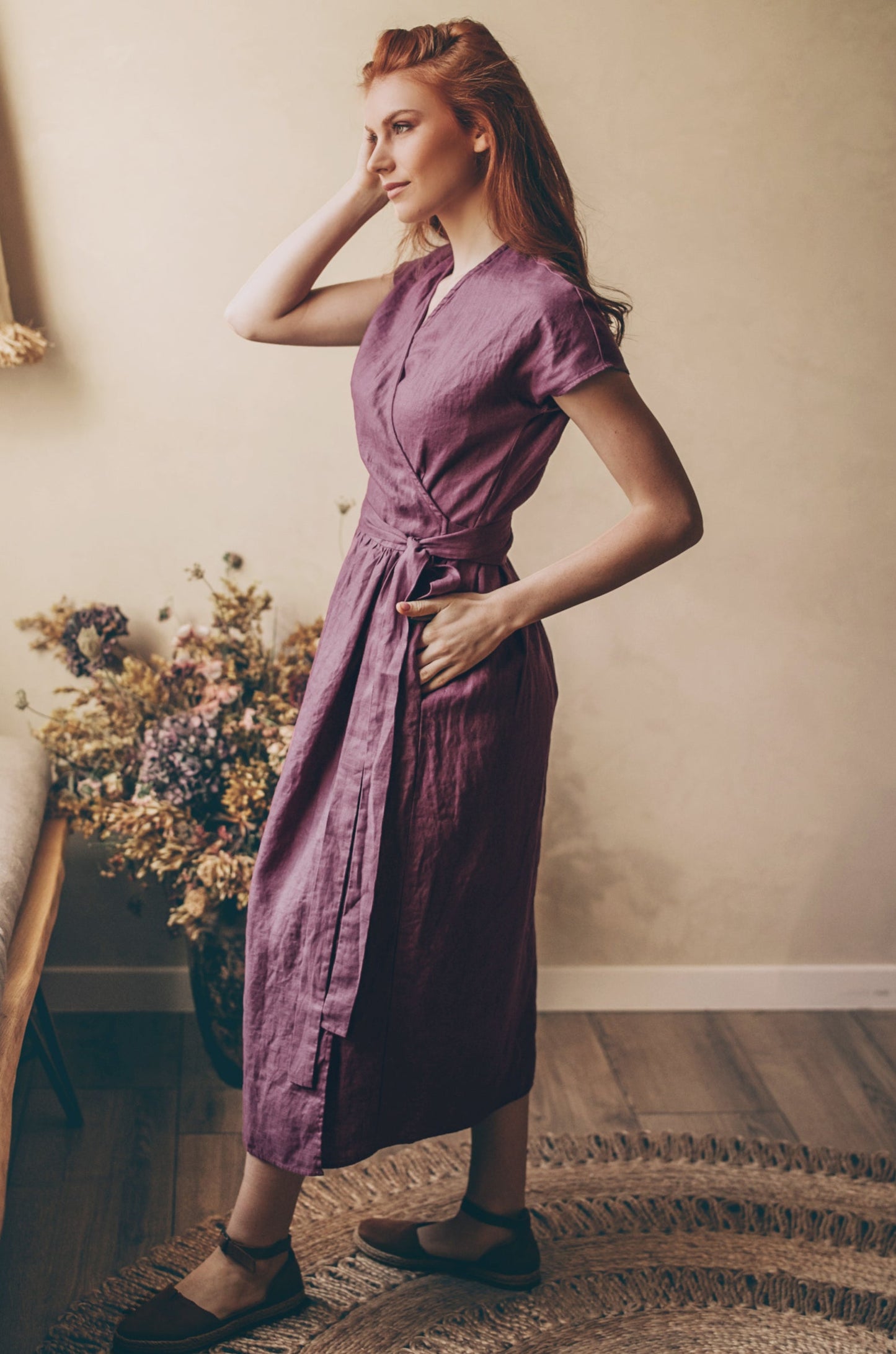 Linen Midi Wrap Dress with Pockets - Bohemian Dress - Plus Size Clothing - Wedding Guest Fit and Flare Dress - Amethyst Summer Linen Dress, S / Linen Midi Wrap Dress with Pockets - Bohemian Dress - Plus Size Clothing - Wedding Guest Fit and Flare Dress - Amethyst Summer Linen Dress, S /