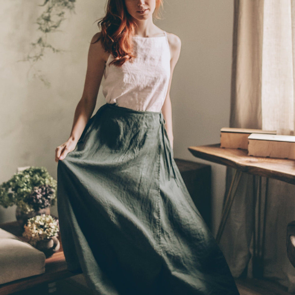 
                      
                        Flared Linen Wrap Skirt
                      
                    