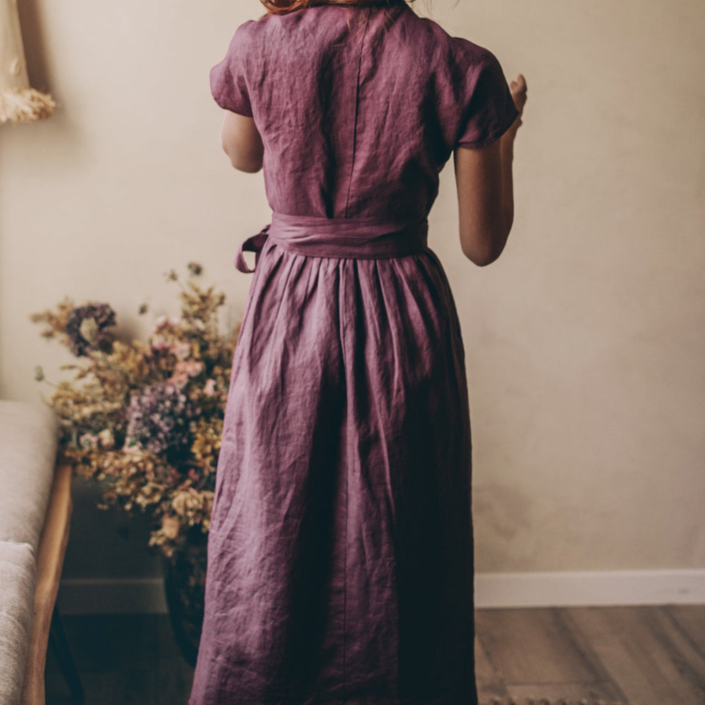 Linen Midi Wrap Dress with Pockets - Bohemian Dress - Plus Size Clothing - Wedding Guest Fit and Flare Dress - Amethyst Summer Linen Dress, 2XL / Blue Linen Midi Wrap Dress with Pockets - Bohemian Dress - Plus Size Clothing - Wedding Guest Fit and Flare Dress - Amethyst Summer Linen Dress, 2XL / Blue