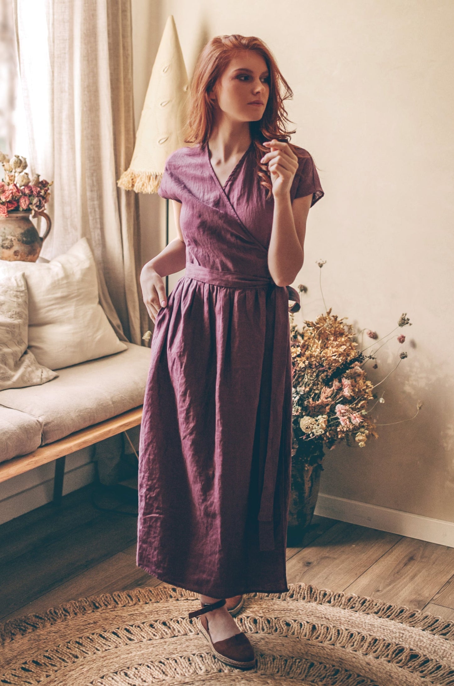 Linen Midi Wrap Dress with Pockets - Bohemian Dress - Plus Size Clothing - Wedding Guest Fit and Flare Dress - Amethyst Summer Linen Dress, 2XL / Blue Linen Midi Wrap Dress with Pockets - Bohemian Dress - Plus Size Clothing - Wedding Guest Fit and Flare Dress - Amethyst Summer Linen Dress, 2XL / Blue