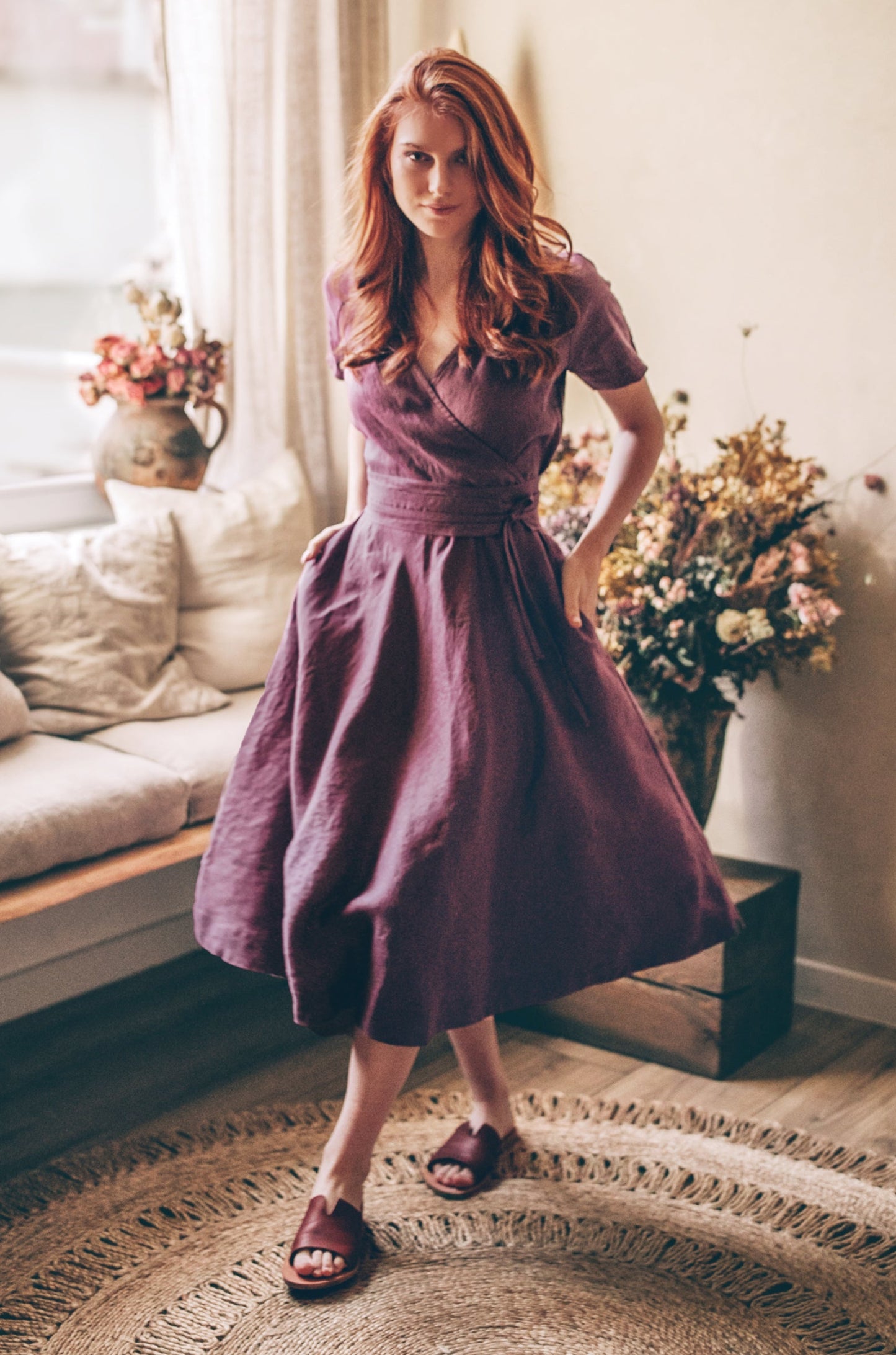 Midi Length Linen Wrap Dress - Comfortable Summer Linen Dress VisibleArtShop Midi Length Linen Wrap Dress - Comfortable Summer Linen Dress VisibleArtShop