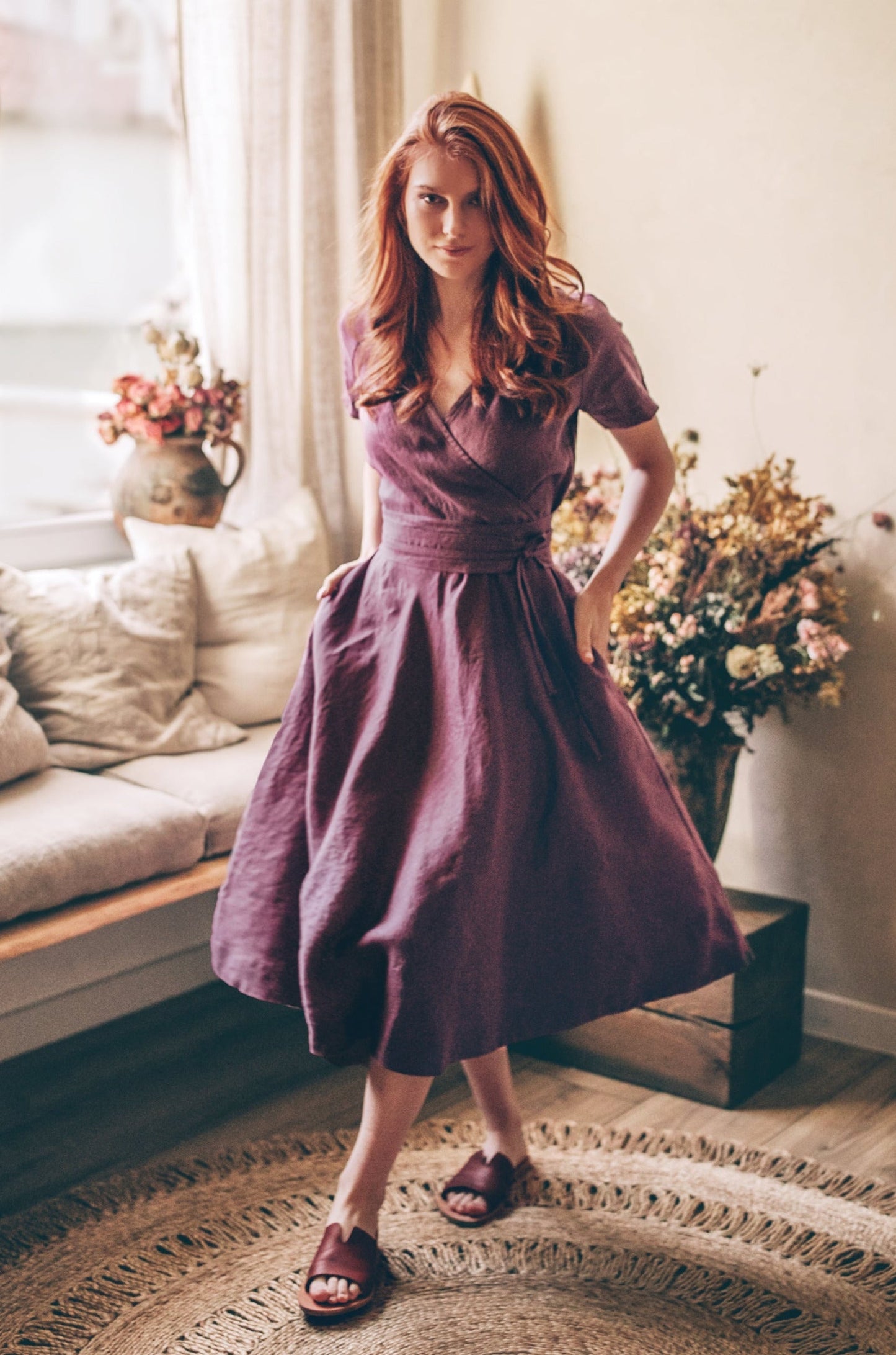 midi summer wrap dresses for women Womens Silk Floral Dress with Puff Sleeve Silk Midi Wrap Dress