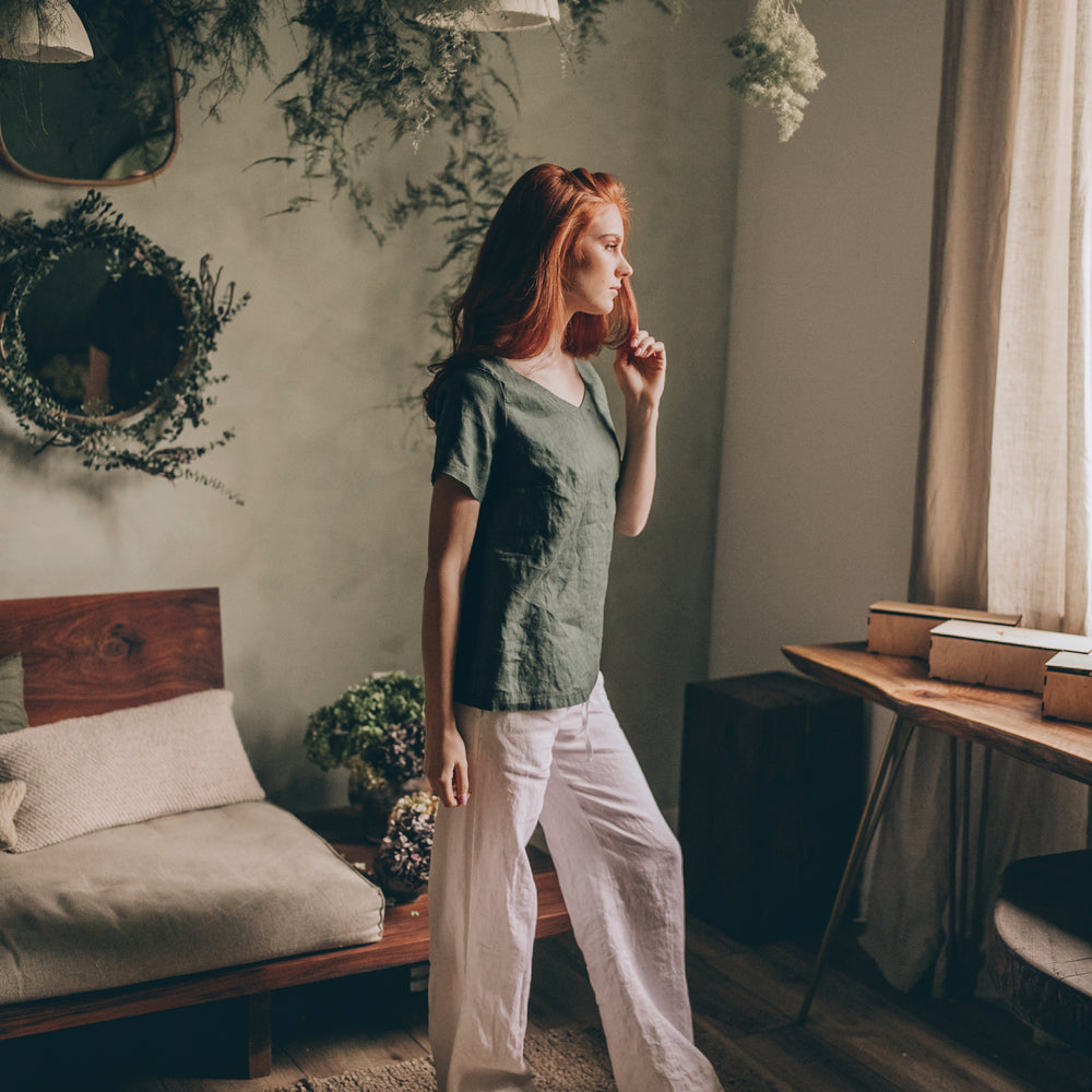 
                      
                        Relaxed Linen Shirt Top with V-Neck
                      
                    