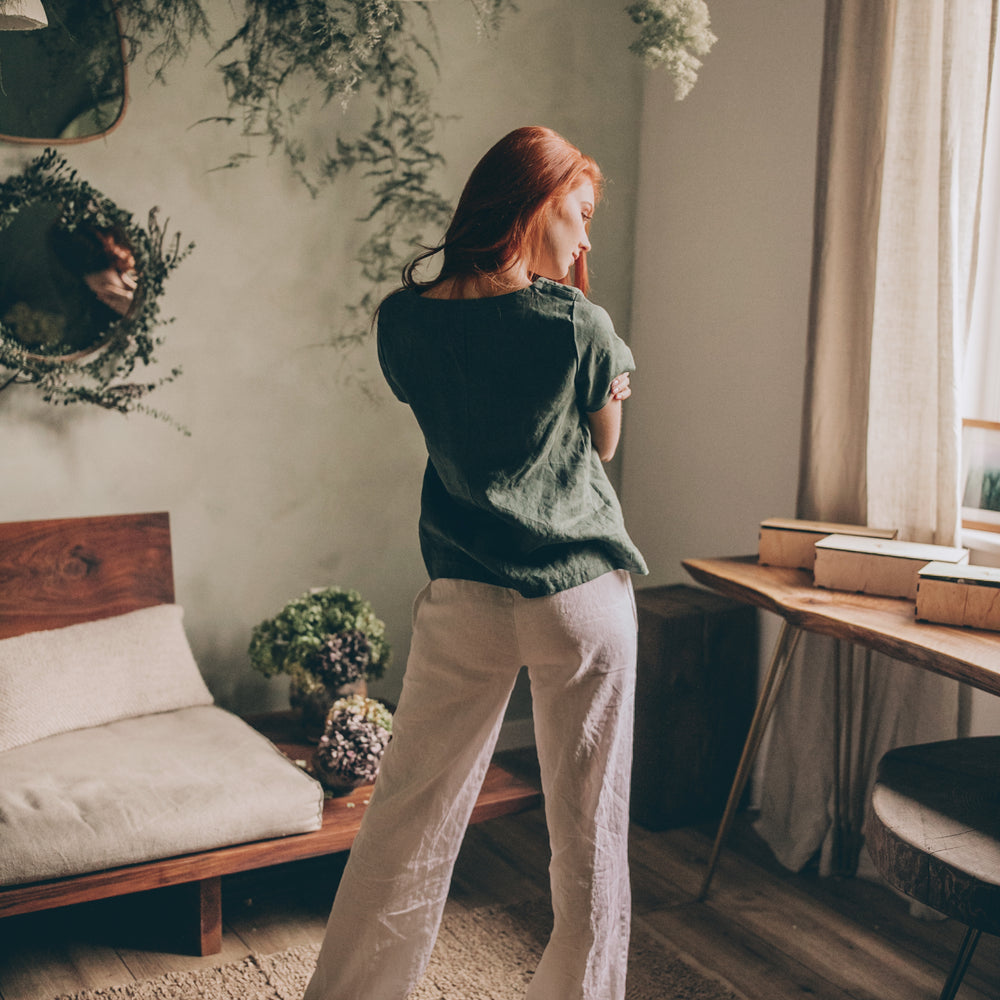 
                      
                        Relaxed Linen Shirt Top with V-Neck
                      
                    