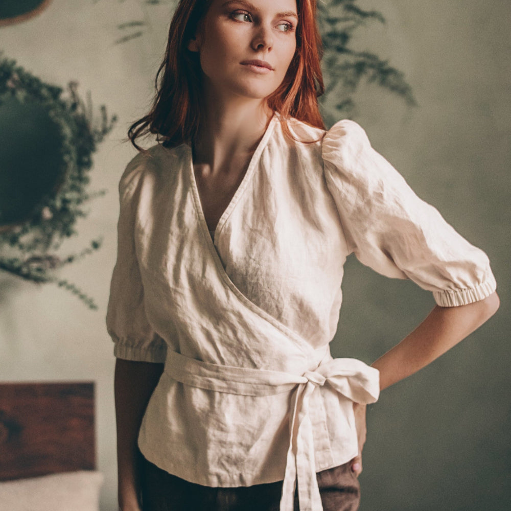 Puff Sleeve Linen Wrap Top - visibleartshop