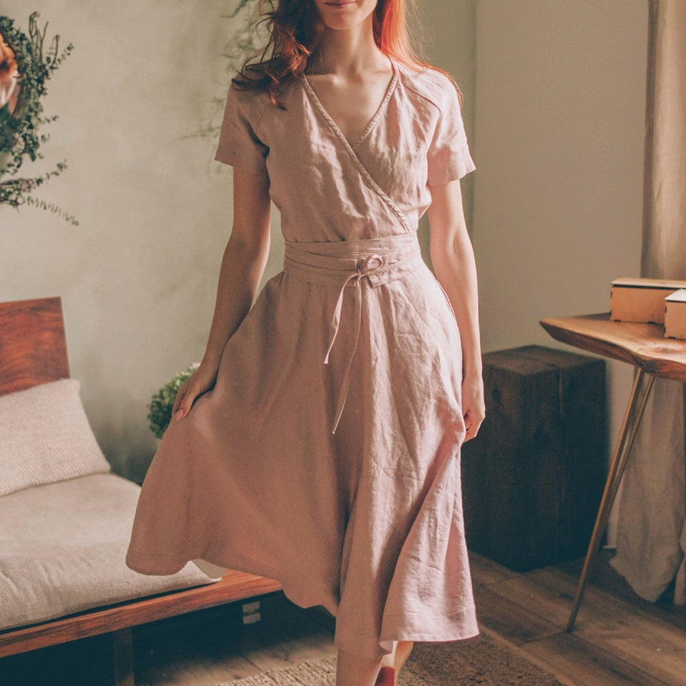 ruffled linen wrap midi dress Linen Wrap Dress with Puff Sleeves and Ruffle Hem White / S