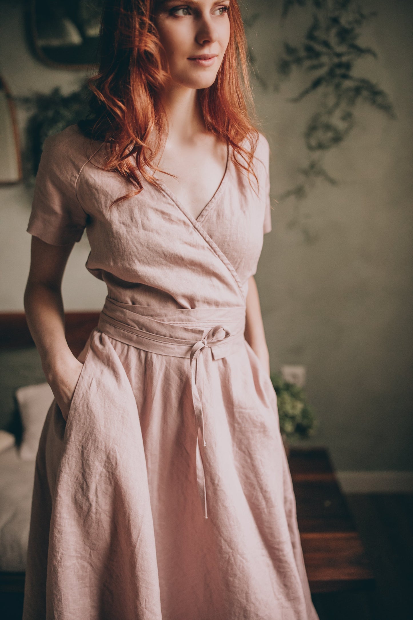 Midi Length Linen Wrap Dress - Elegant Summer Linen Dress for Women VisibleArtShop Midi Length Linen Wrap Dress - Elegant Summer Linen Dress for Women VisibleArtShop