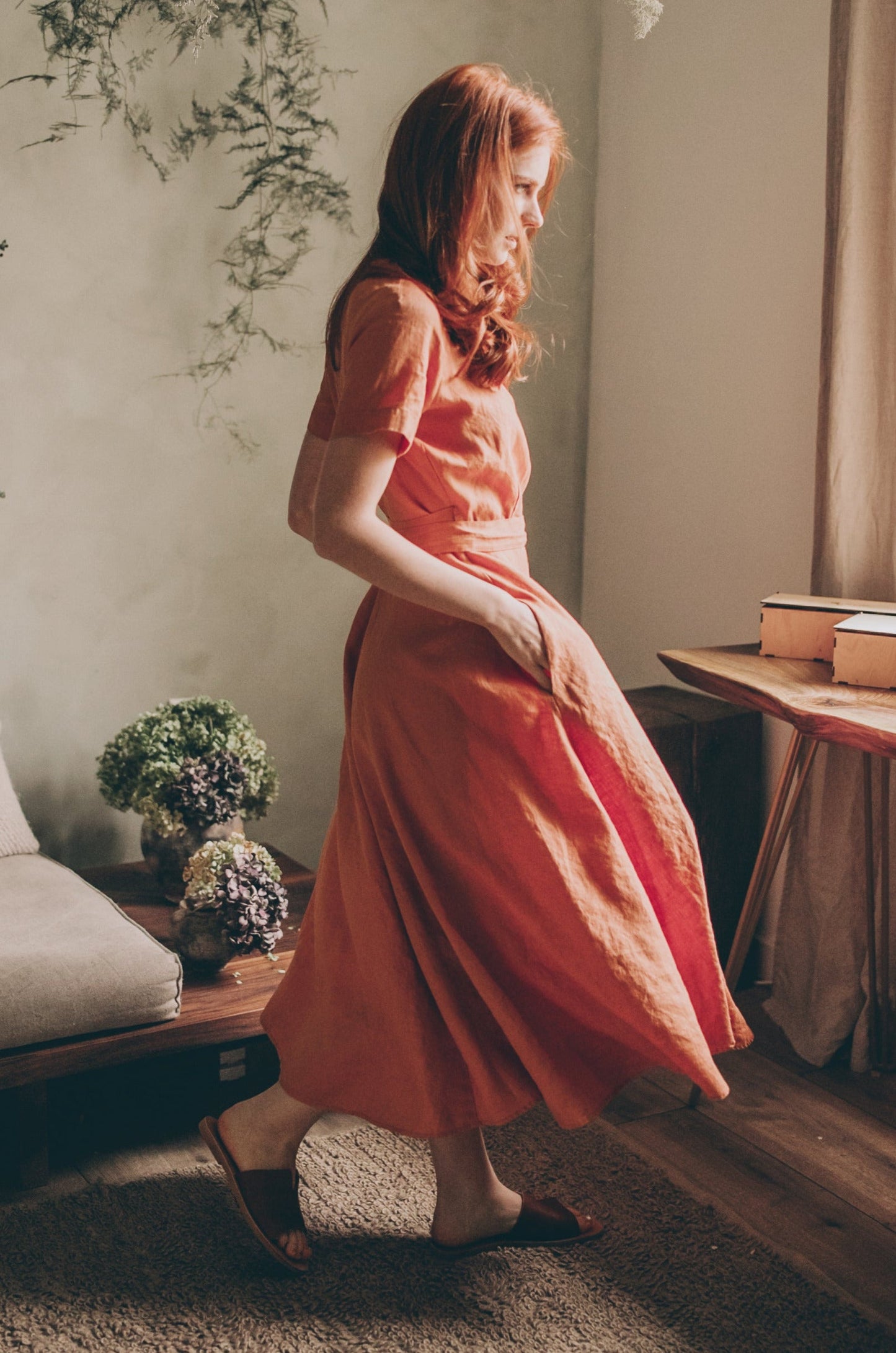 Midi Length Linen Wrap Dress with Short Sleeves – VisibleArtShop