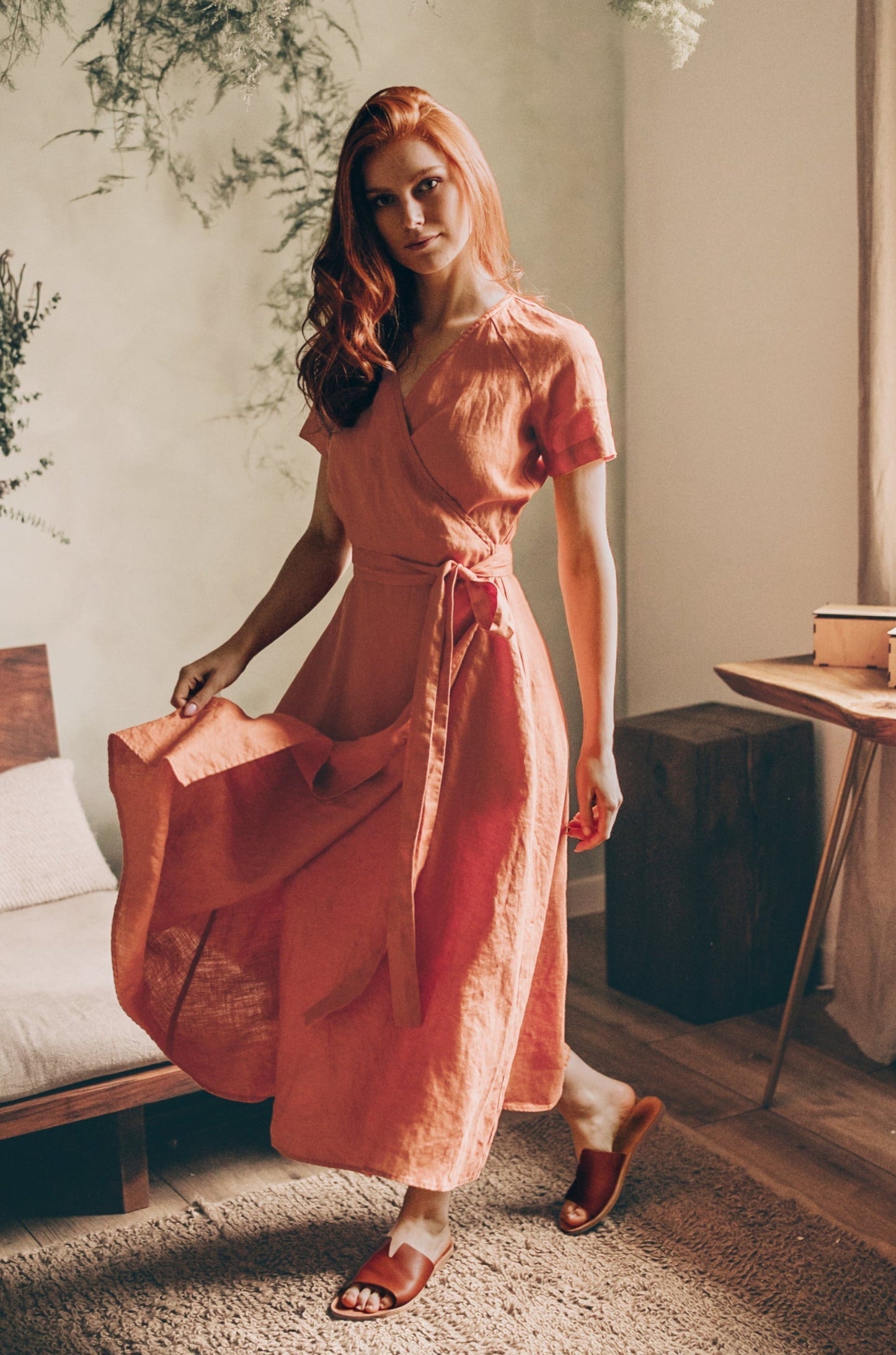 Midi Length Linen Wrap Dress with Short Sleeves, L / Moroccan Red Midi Length Linen Wrap Dress with Short Sleeves, L / Moroccan Red
