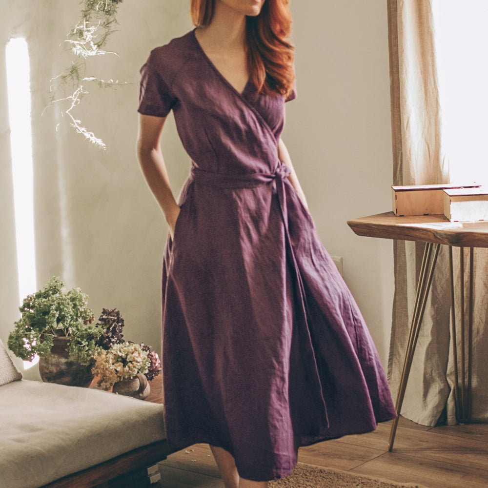 Midi Length Linen Wrap Dress - Visibleartshop