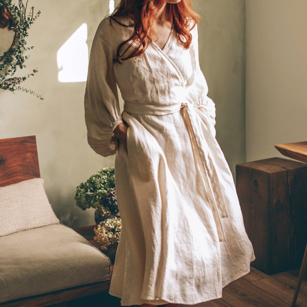 Linen Wrap Dress with Puff Sleeves - visibleartshop