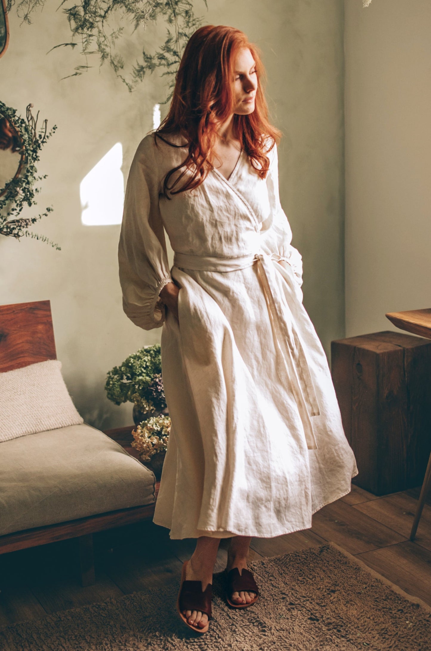 Linen Wrap Dress with Puff Sleeves - visibleartshop