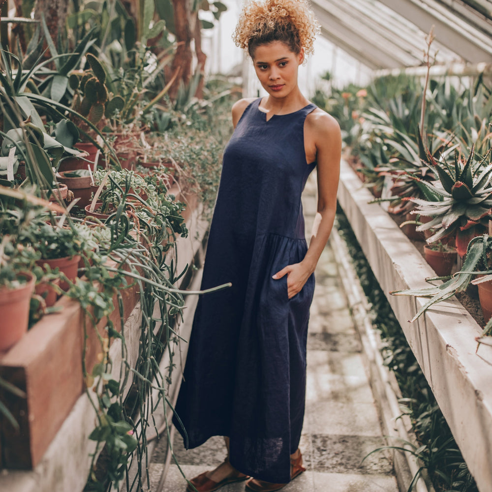 Loose Linen Midi Dress, Summer Midi Dress, Navy Blue Linen Dress, Linen Dress with Pockets, Pleated Linen Dress, Linen Dress for Women, L / Moroccan