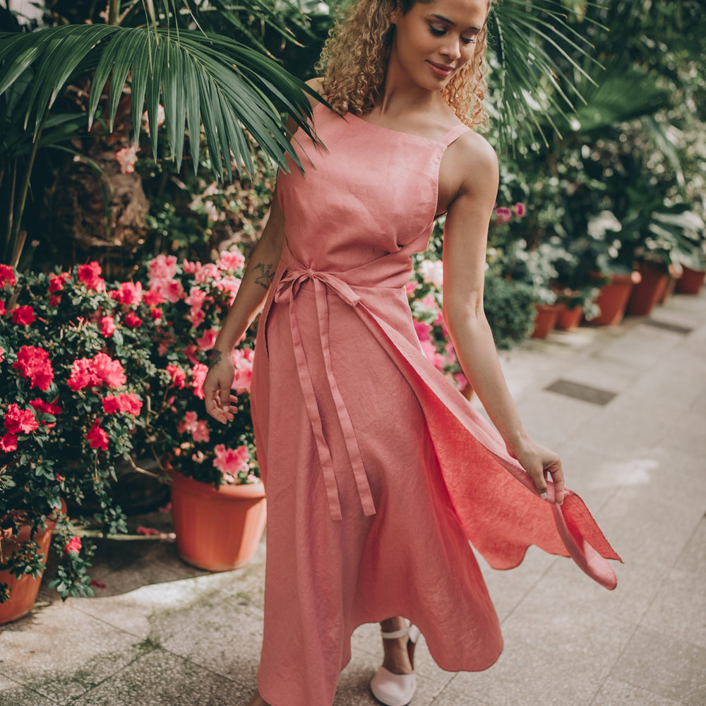 Linen Double Wrap Dress, Linen Summer Dress, Linen Dress for Women, Vintage Pink Designer Dress, Handmade Linen Clothing, Womens Clothing, XL / Dusty Linen Double Wrap Dress, Linen Summer Dress, Linen Dress for Women, Vintage Pink Designer Dress, Handmade Linen Clothing, Womens Clothing, XL / Dusty
