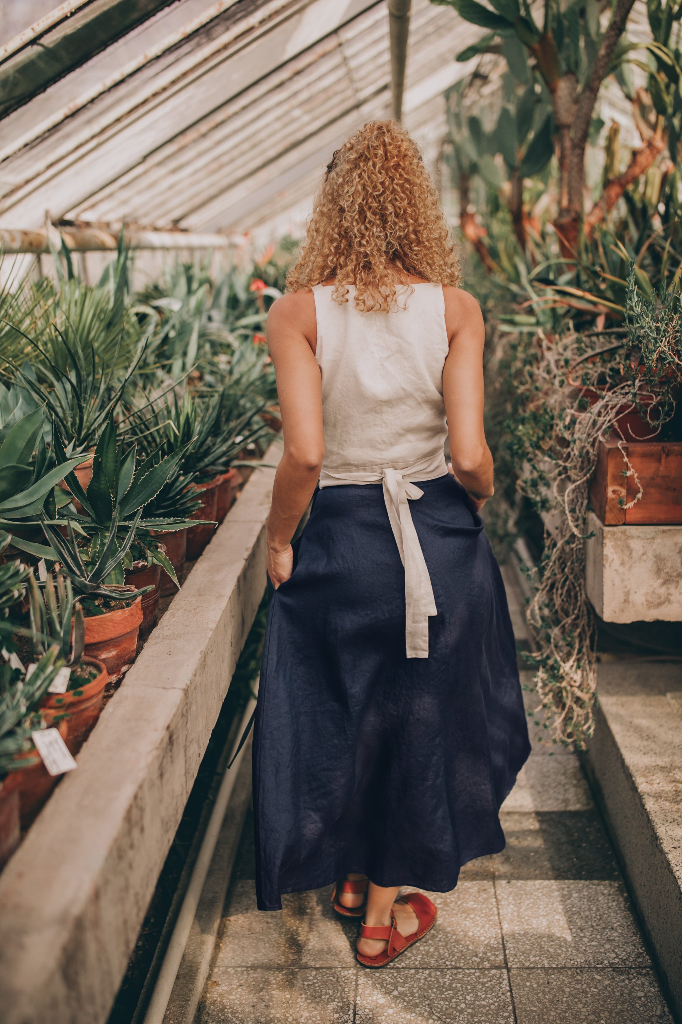Midi Length Linen Wrap Skirt - Bohemian Style & Pure Linen Fabric