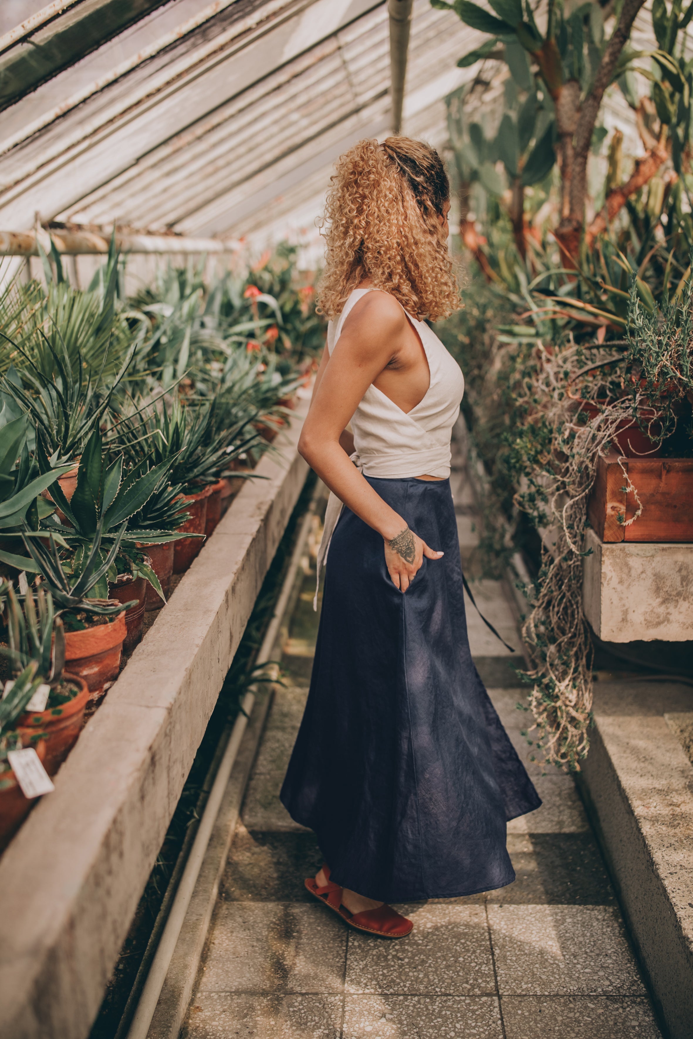 Midi Length Linen Wrap Skirt - Bohemian Style & Pure Linen Fabric