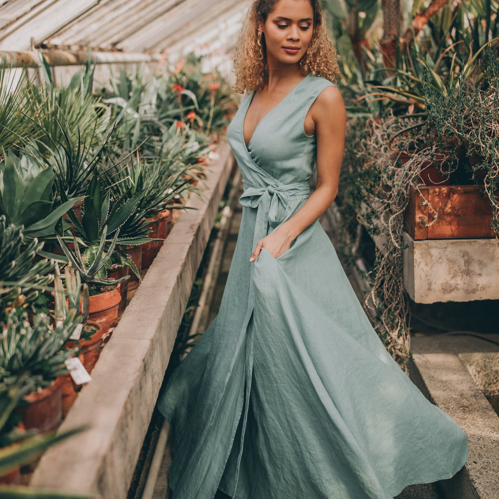 sleeveless maxi dress VisibleArt Sleeveless Linen Maxi Dress with Pockets