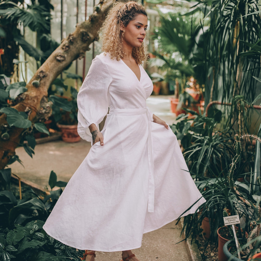 Linen Wrap Dress with Puff Sleeves, Dress for Women, Summer Linen Clothing, Romantic Dress, Tie Belt Linen Dress, Linen Spring Dress, XS / White Linen Wrap Dress with Puff Sleeves, Dress for Women, Summer Linen Clothing, Romantic Dress, Tie Belt Linen Dress, Linen Spring Dress, XS / White