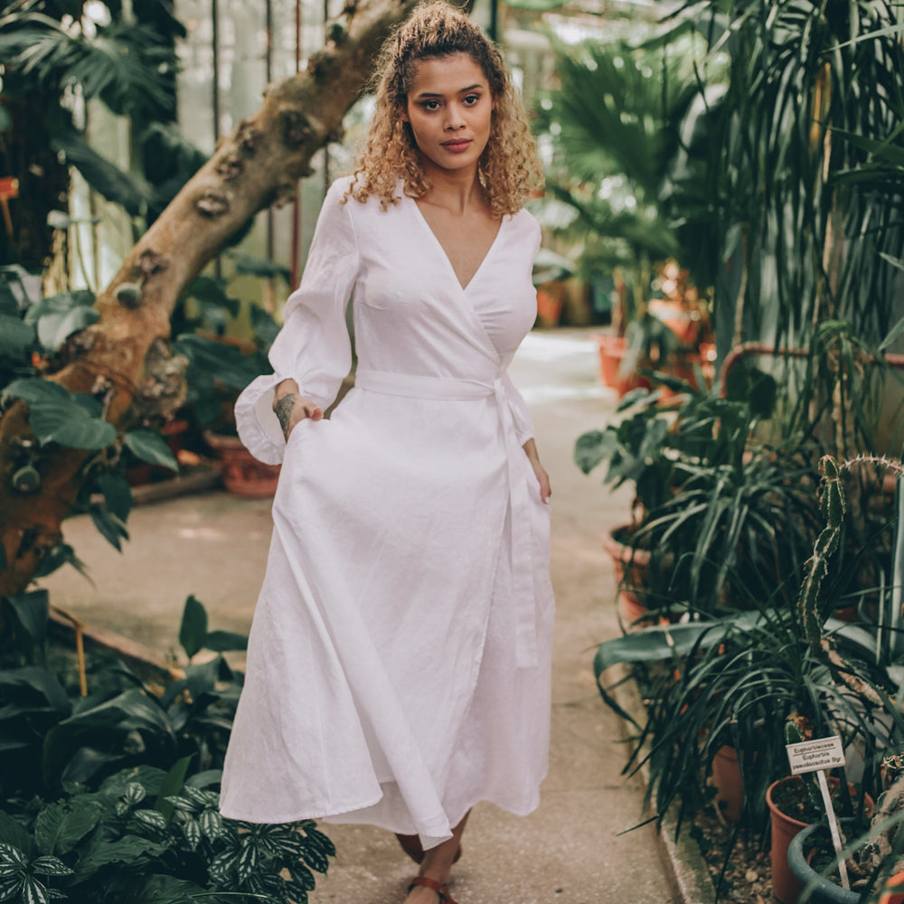 ladies white wrap dress Maxi linen dress AGRA in White