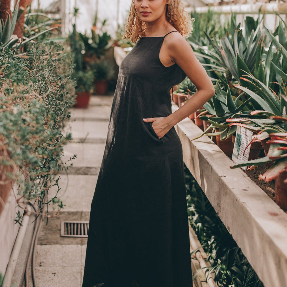 black linen spaghetti strap dress Linen blend spaghetti strap midi dress Black Dress