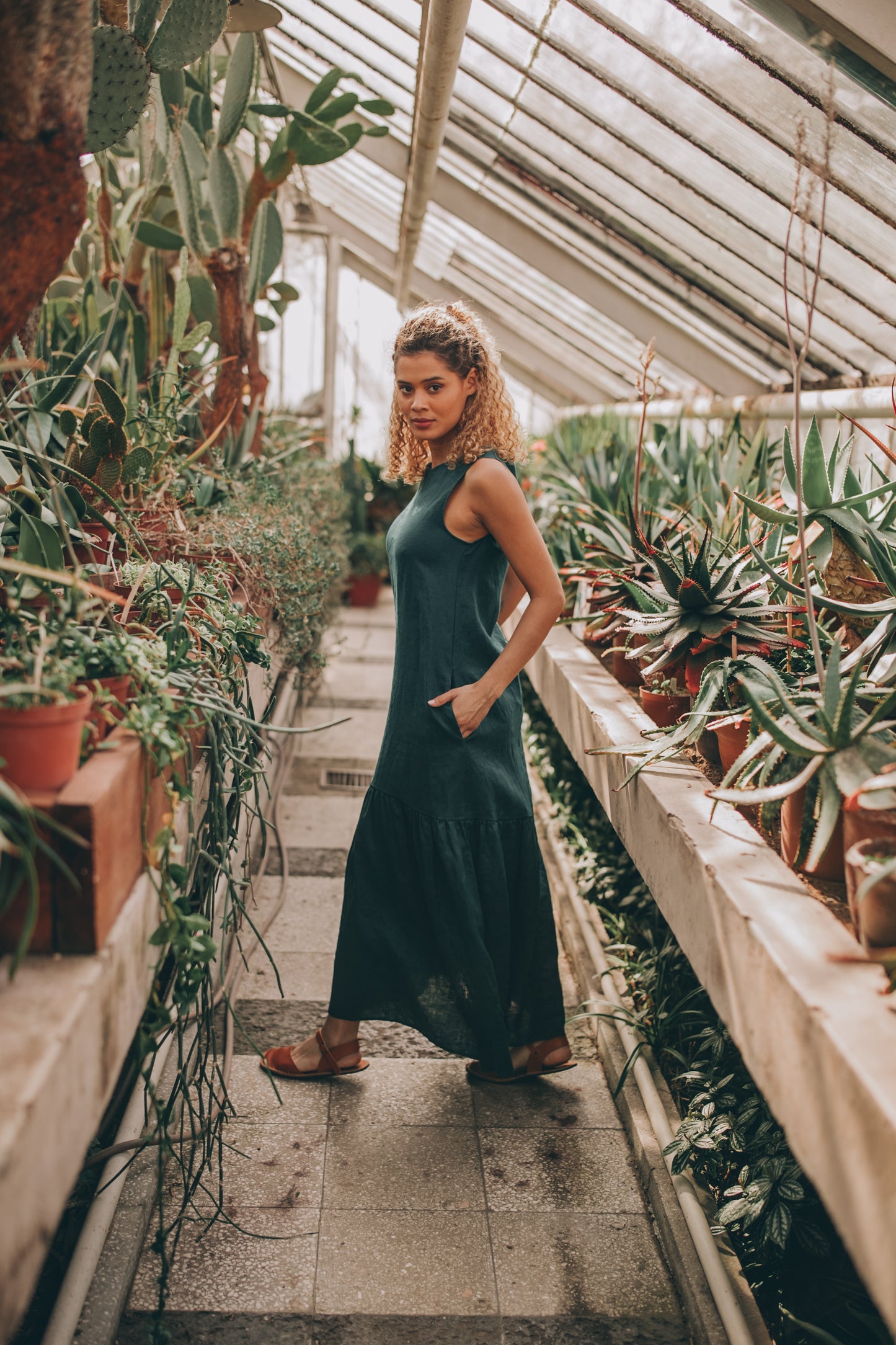 Minimalist Linen Tiered Dress, Deep Green Linen Dress, Summer Linen Midi Dress, Sleeveless Summer Dress, Minimalist Clothing, XL / Black Minimalist Linen Tiered Dress, Deep Green Linen Dress, Summer Linen Midi Dress, Sleeveless Summer Dress, Minimalist Clothing, XL / Black