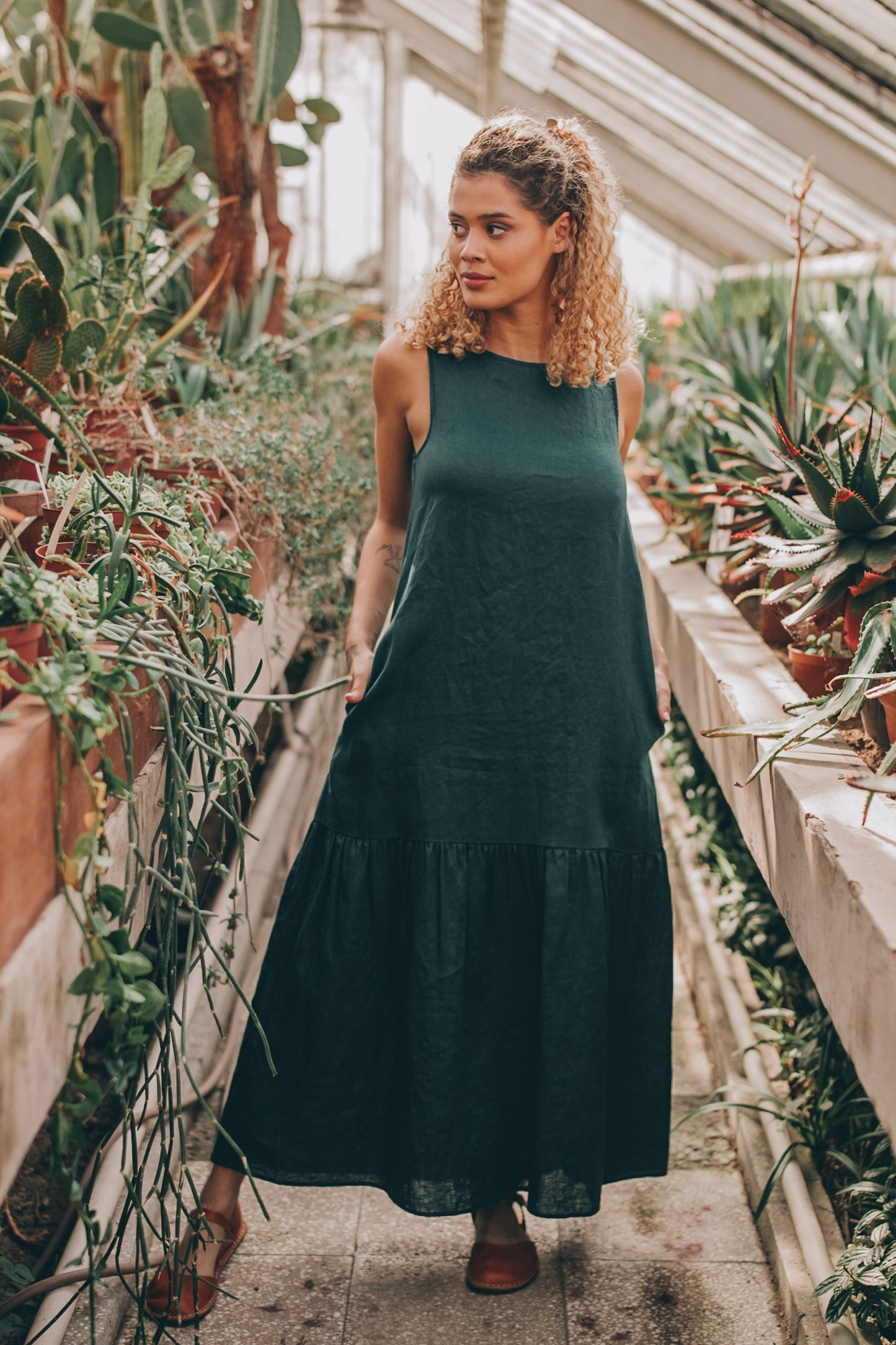 Minimalist Linen Tiered Dress, Deep Green Linen Dress, Summer Linen Midi Dress, Sleeveless Summer Dress, Minimalist Clothing, XL / Black Minimalist Linen Tiered Dress, Deep Green Linen Dress, Summer Linen Midi Dress, Sleeveless Summer Dress, Minimalist Clothing, XL / Black