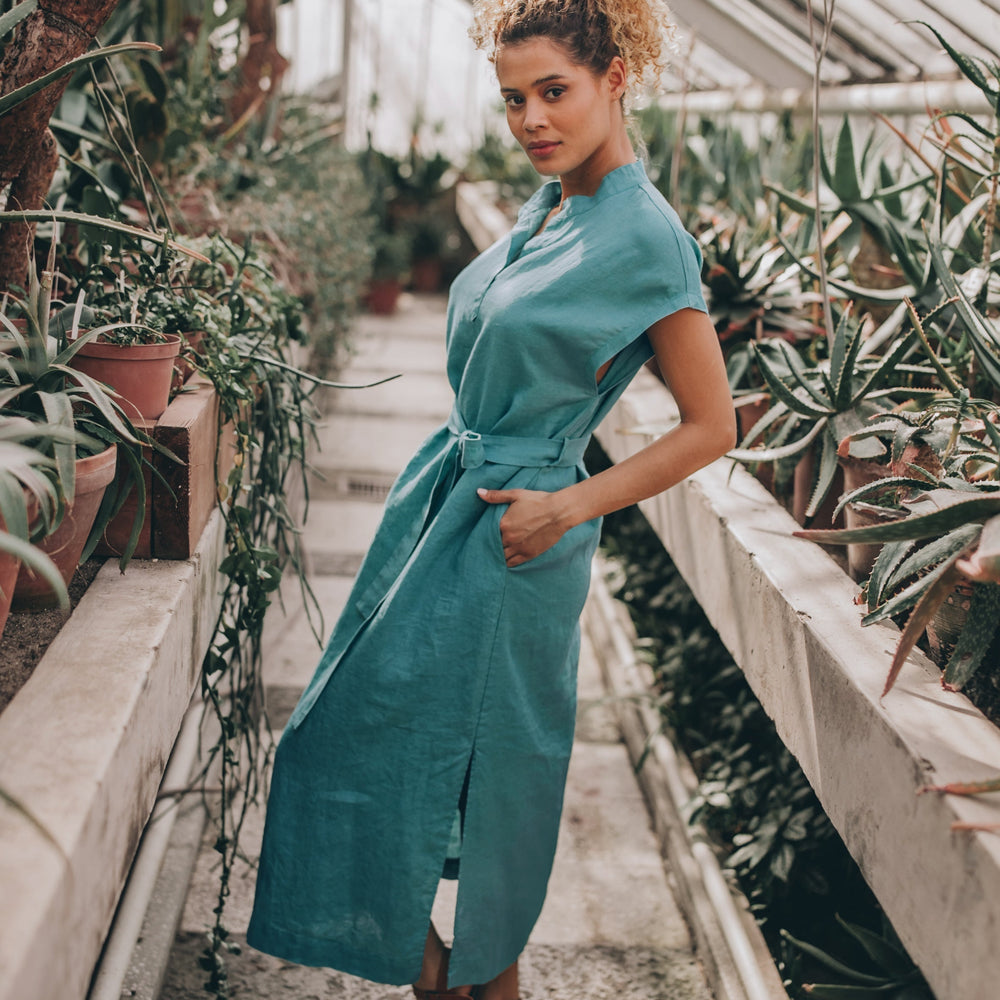 relaxed linen shirt dress Ivory Linen Midi Shirt Dress with Short Sleeves