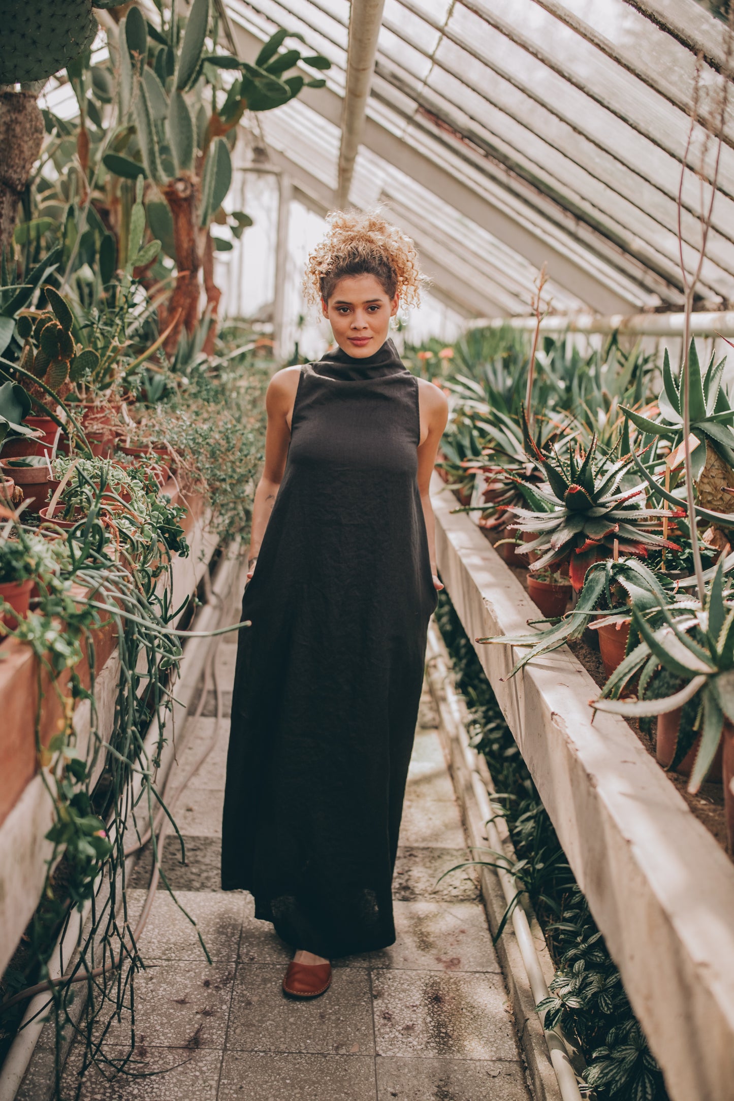 Summer Linen Maxi Dress, Black Maxi Dress, High Neck Linen Dress for Women, Minimalist Maxi Dress, Plus Size Linen Clothing, Boho Maxi Dress, 3XL