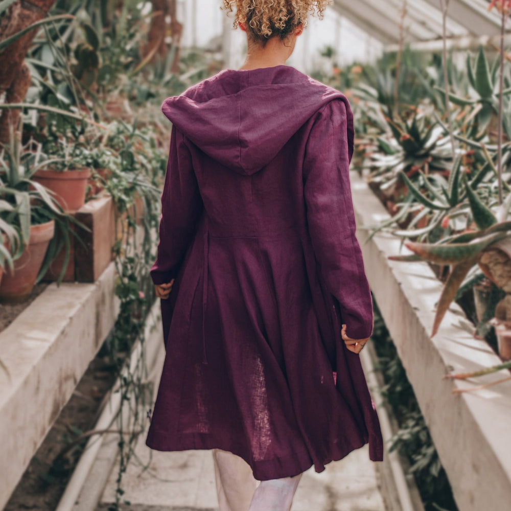 Midi Length Summer Linen Coat with hood, tie closure, and side pockets in purple, perfect for chilly summer evenings.