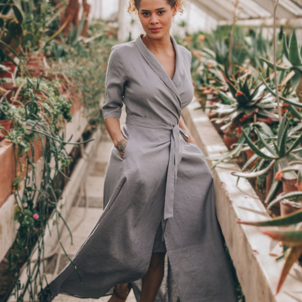 Shall Collar Linen Dress, Maxi Wrap Linen Dress, Summer Linen Dress, Gray Linen Maxi Dress, Plus Size Wrap Dress, Boho Plus Size Linen Dress, S / Shall Collar Linen Dress, Maxi Wrap Linen Dress, Summer Linen Dress, Gray Linen Maxi Dress, Plus Size Wrap Dress, Boho Plus Size Linen Dress, S /