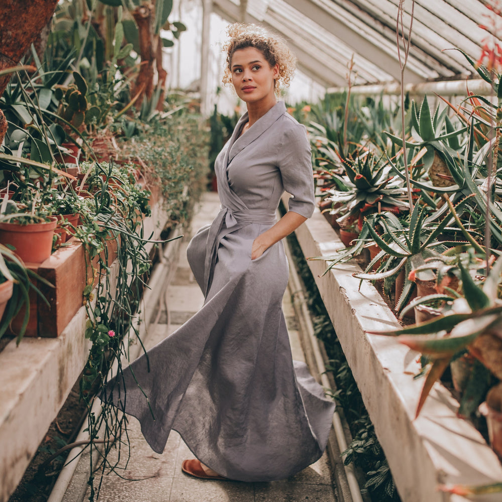 Shall Collar Linen Dress, Maxi Wrap Linen Dress, Summer Linen Dress, Gray Linen Maxi Dress, Plus Size Wrap Dress, Boho Plus Size Linen Dress, S / Shall Collar Linen Dress, Maxi Wrap Linen Dress, Summer Linen Dress, Gray Linen Maxi Dress, Plus Size Wrap Dress, Boho Plus Size Linen Dress, S /